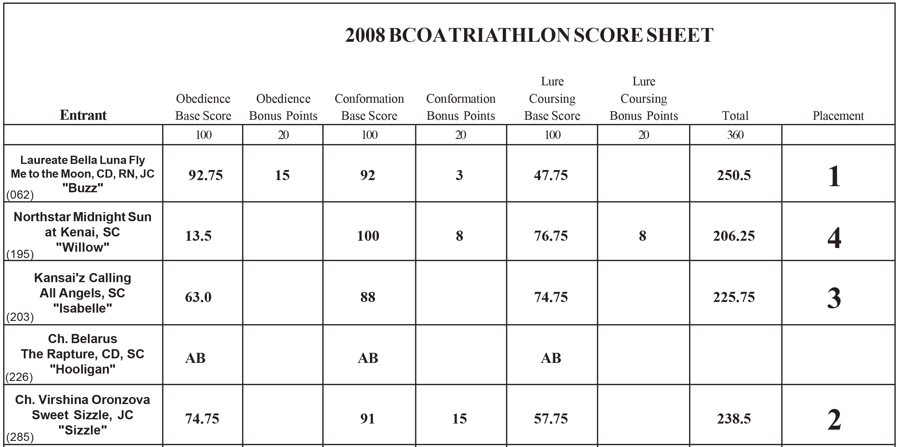 2008 Triathlon Scores